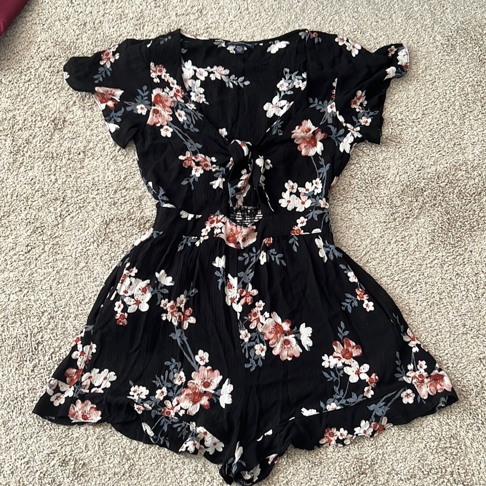 Black Floral Romper - Gently Used, Ties in Front